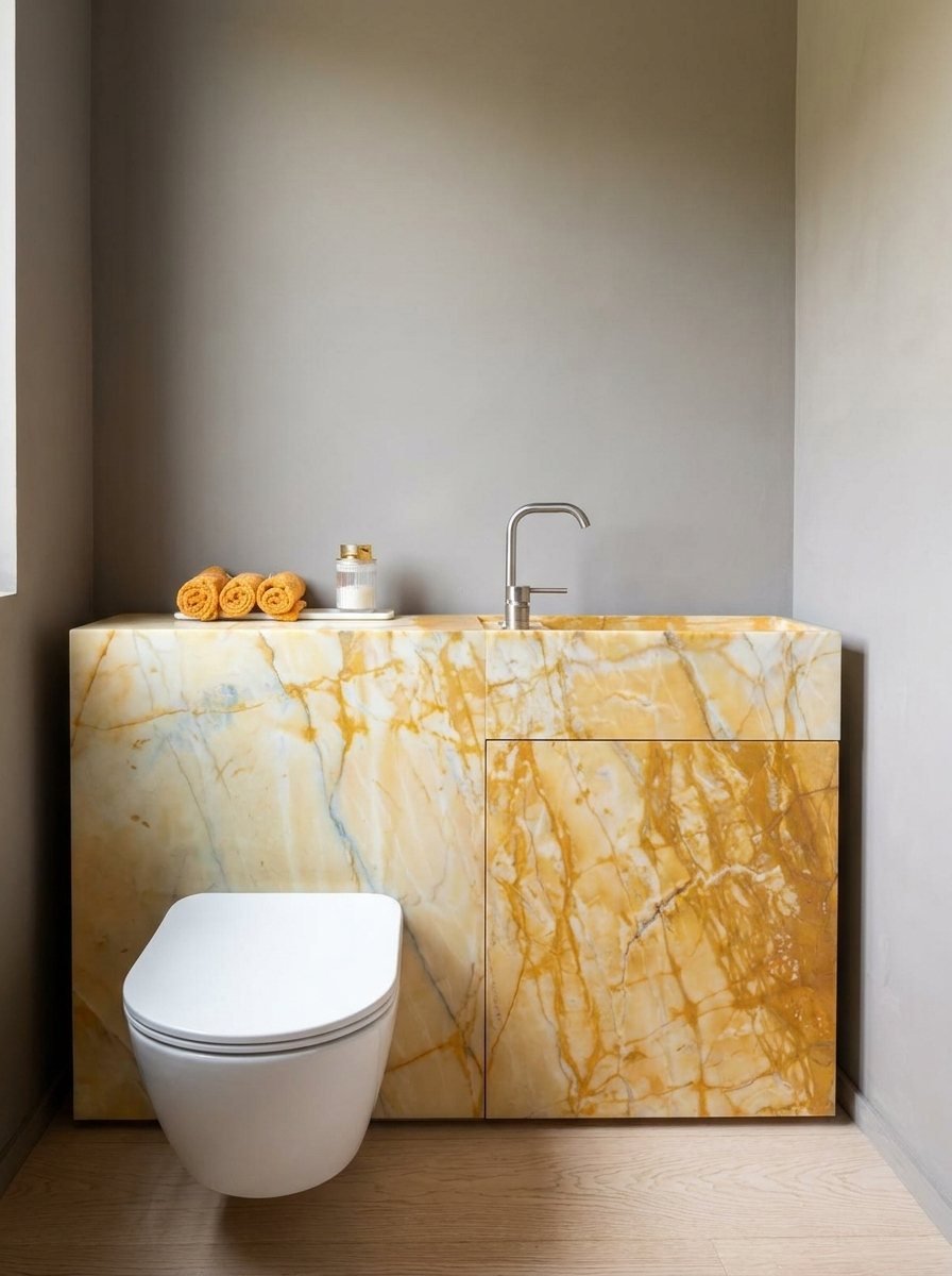 Bagno di servizio con blocco lavabo e mobile in marmo giallo venato e sanitari sospesi