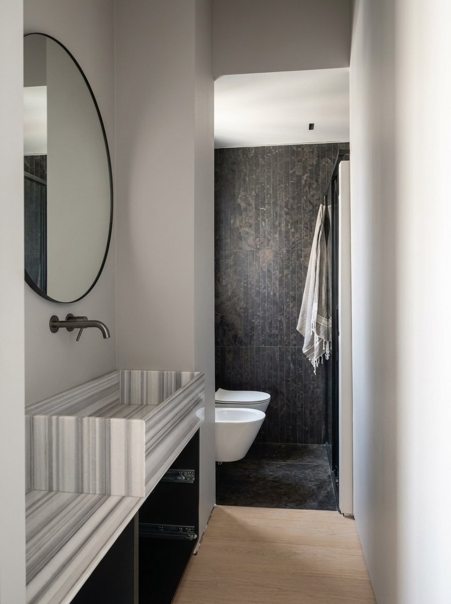 Bagno con rivestimento in pietra scura e lavabo in marmo rigato