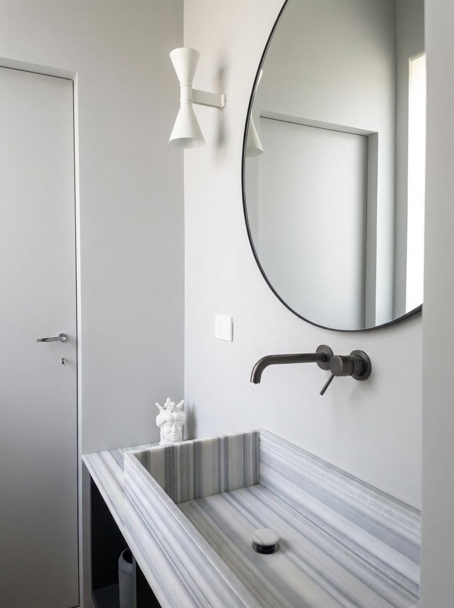 Lavabo in marmo rigato grigio con specchio tondo e applique a parete