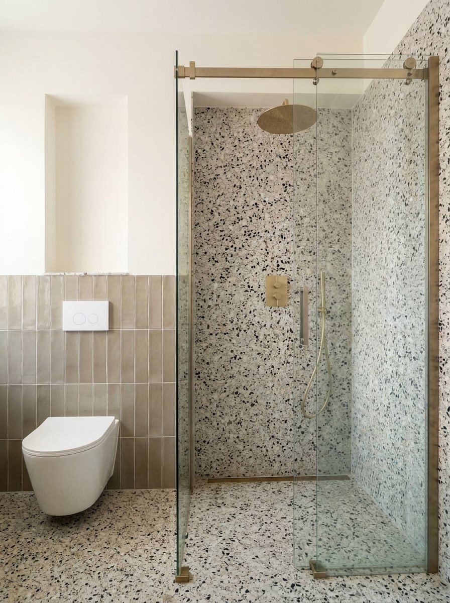 Bagno con pavimento e doccia in terrazzo, cabina in cristallo con profili in ottone spazzolato e rivestimento in piastrelle verticali